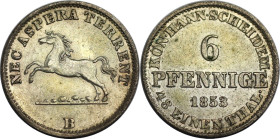 Altdeutsche Münzen und Medaillen, BRAUNSCHWEIG - CALENBERG - HANNOVER. George V. (1851-1866). 6 Pfennig 1853 B. KM 218. Stempelglanz. Kl.Flecken