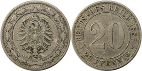 Deutsche Münzen und Medaillen ab 1871, REICHSKLEINMÜNZEN. 20 Pfennig 1887 A, kleiner Adler. Kupfer-Nickel. Jaeger 6. Vorzüglich