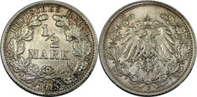 Deutsche Münzen und Medaillen ab 1871, REICHSKLEINMÜNZEN. 1/2 Reichsmark 1915 F, Silber. Jaeger 16. Vorzüglich