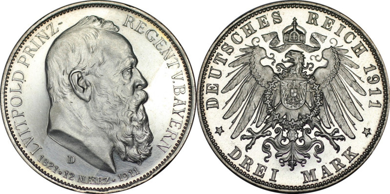 Deutsche Münzen und Medaillen ab 1871, REICHSSILBERMÜNZEN, Bayern. Prinzregent L...