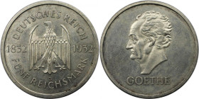 Deutsche Münzen und Medaillen ab 1871, WEIMARER REPUBLIK. Goethe. 5 Reichsmark 1932 G. Silber. Jaeger 351. Fast Stempelglanz