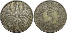 Deutsche Münzen und Medaillen ab 1945, BUNDESREPUBLIK DEUTSCHLAND. Einigkeit Und Reicht Und FreiHeit (1951-1874). 5 Mark 1951 J. Silber. Jaeger 387. S...