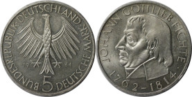 Deutsche Münzen und Medaillen ab 1945, BUNDESREPUBLIK DEUTSCHLAND. 5 Mark 1964 J, 150. Todestag Fichtes. Silber. Jaeger 393. Stempelglanz