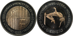 Europäische Münzen und Medaillen, Andorra. XXIV. Olympische Sommerspiele, Seoul 1988 - Hochsprung. 2 Diners 1985. Kupfer-Nickel. KM 28. Stempelglanz