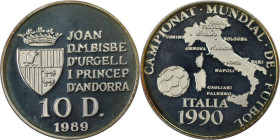 Europäische Münzen und Medaillen, Andorra. Fussball WM 1990 in Italien. 10 Diners 1989. 12,0 g. 0.925 Silber. 0.36 OZ. KM 60. Polierte Platte
