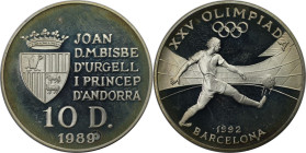 Europäische Münzen und Medaillen, Andorra. "Olympiade Barcelona 1992". 10 Diners 1989. 12,0 g. 0.925 Silber. 0.36 OZ. KM 56. Polierte Platte