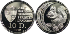 Europäische Münzen und Medaillen, Andorra. Eichhörnchen. 10 Diners 1992. 31,10 g. 0.925 Silber. 0.93 OZ. KM 74. Polierte Platte