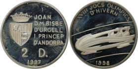 Europäische Münzen und Medaillen, Andorra. Olympische Spiele 1998 in Nagano - Bob. 2 Diners 1997. 20,0 g. 0.925 Silber. 0.59 OZ. KM 140. Polierte Plat...