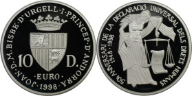 Europäische Münzen und Medaillen, Andorra. Menschenrechte. 10 Diners 1998. 31,47 g. 0.925 Silber. 0.94 OZ. KM 143. Polierte Platte