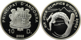 Europäische Münzen und Medaillen, Andorra. Olympische Winterspiele 2002 - Snowboarder. 10 Diners 2002. 31,47 g. 0.925 Silber. 0.94 OZ. KM 175. Poliert...