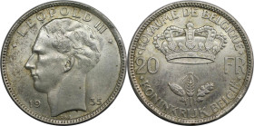 Europäische Münzen und Medaillen, Belgien / Belgium. Leopold III. (1934-1947). 20 Francs 1935. 11,0 g. 0.680 Silber. 0.24 OZ. KM 105. Fast Stempelglan...