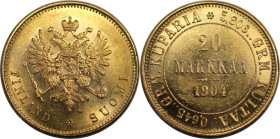 Europäische Münzen und Medaillen, Finnland / Finland. 20 Markkaa 1904 L. 6,45 g. 0.900 Gold. 0.19 OZ. KM 9.2. Stempelglanz