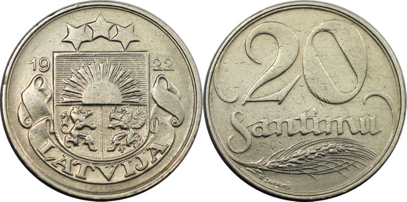 Europäische Münzen und Medaillen, Lettland / Latvia. 20 Santimu 1922. Nickel. KM...