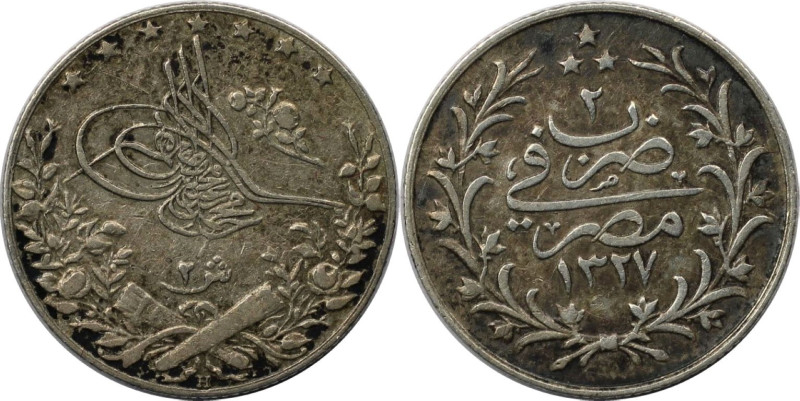 Weltmünzen und Medaillen, Ägypten / Egypt. Mehmed V. 2 Qirsh 1910 (AH 1327/2H). ...