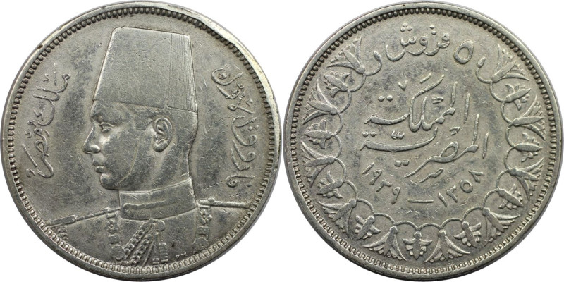 Weltmünzen und Medaillen, Ägypten / Egypt. Farouk. 5 Piastres 1939. Silber. KM 3...