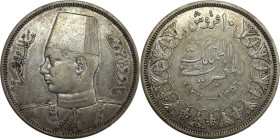 Weltmünzen und Medaillen, Ägypten / Egypt. Farouk I. (1936-1952). 10 Piastres / 10 Qirsh 1937 (AH 1356) Silber. 13,96 g. KM 367. Sehr schön