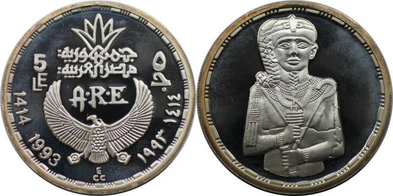 Weltmünzen und Medaillen, Ägypten / Egypt. Khonsu. 5 Pounds 1993 (AH 1414). 22,5...