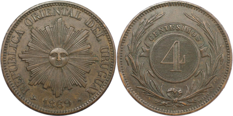 Weltmünzen und Medaillen, Uruguay. 4 Centesimos 1869 H. Bronze. KM 13. Vorzüglic...