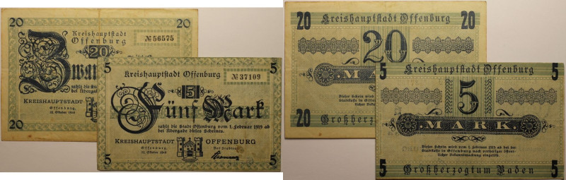 Banknoten, Deutschland / Germany. Notgeld Offenburg Stadt. 5, 20 Mark 1919. 2 St...