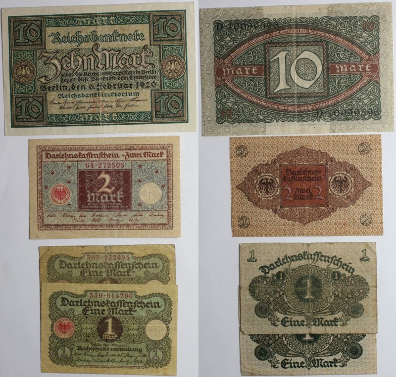 Banknoten, Deutschland / Germany, Lots und Sammlungen. 2 x 1 Mark, 2 Mark, 10 Ma...