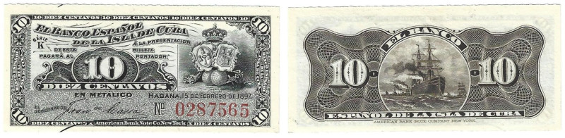 Banknoten, Kuba / Cuba. Alfonso XIII. 10 Centavos 1897. Pick: 52a. I