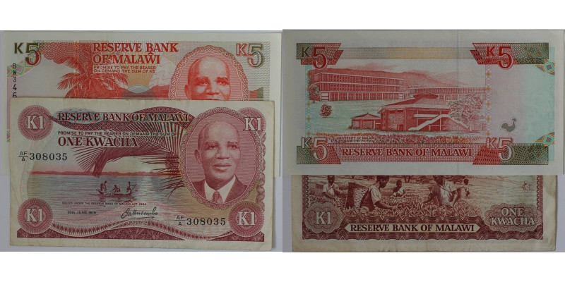 Banknoten, Malawi, Lots und Sammlungen. 1 Kwacha, 5 Kwacha 1979, 1994. Pick 016,...