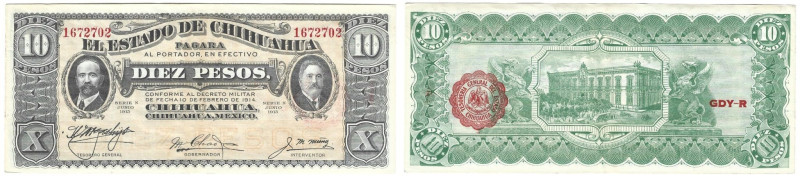 Banknoten, Mexiko / Mexico. Chihuahua. 10 Pesos 1915. Pick: S535. I-