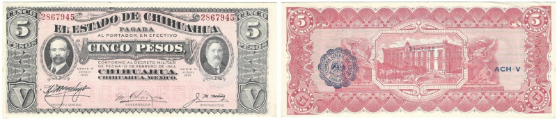 Banknoten, Mexiko / Mexico. Chihuahua. 5 Pesos 1915. Pick: S532. I-
