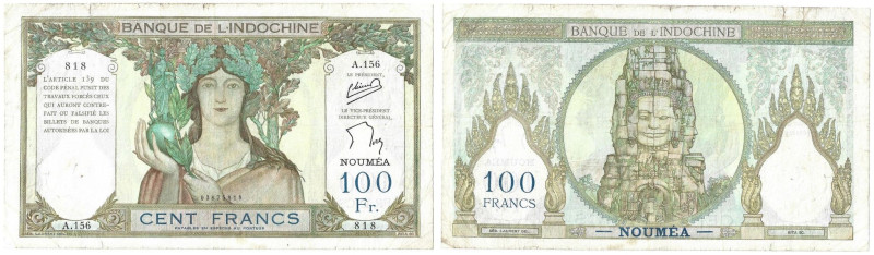 Banknoten, Neukaledonien / New Caledonia. Banque de l'Indochine. NOUMEA. 100 Fra...