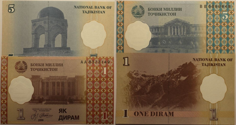 Banknoten, Tadschikistan / Tajikistan, Lots und Sammlungen. 1 Diram 1999, 5 Dira...