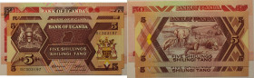 Banknoten, Uganda, Lots und Sammlungen. 2 x 5 Shillings 1987 Pick 27, 50 Shillings 1994 Pick 30c. Lot von 3 Banknoten 1987-1994. I