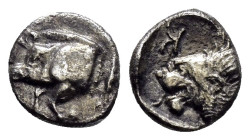 MYSIA.Kyzikos.(Circa 450-400 BC).Obol.

Obv : Forepart of boar left; tunny to right.

Rev: Head of roaring lion left; retrograde K in upper left field...
