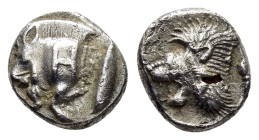 MYSIA. Kyzikos.(Circa 450-400 BC).Obol.

Obv : Forepart of boar left; H on shoulder; to right, tunny upward.

Rev : Head of lion left within incuse sq...