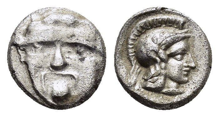 PAMPHYLIA.Aspendos.(Circa 420-360 BC).Obol.

Obv : Gorgoneion.

Rev : Helmeted h...