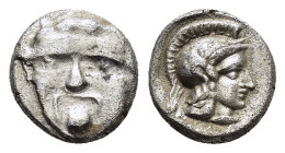 PAMPHYLIA.Aspendos.(Circa 420-360 BC).Obol.

Obv : Gorgoneion.

Rev : Helmeted head of Athena right within incuse square.
SNG France 28-36; SNG Aulock...