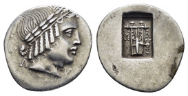 LYCIA. Lycian League. Masicytes.(Circa 27-20 BC).Hemidrachm.

Obv : Λ - V.
Laureate head of Apollo right.

Rev : M - A.
Cithara (lyre) tripod to right...