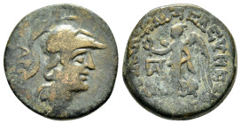 CILICIA. Seleukeia.(2nd-1st centuries BC).Ae.

Obv : Helmeted head of Athena right; ΣΑ in field to left.

Rev : ΣΕΛΕΥΚΕΩΝ ΤΩΝ ΠΡΟΣ ΤΩΙ ΚΑΛΥΚΑΔΝΩΙ.
Nik...