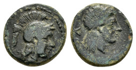 CILICIA. Holmoi.(Circa 4th century BC).Ae. 

Obv : Helmeted head of Athena right.

Rev : ΟΛ. Laureate head of Apollo right.
SNG Levante 35; SNG Aulock...