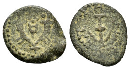 JUDAEA. Herodians. Herod I The Great.(40-4 BC). Ae. 

Obv : Double cornucopia adorned with ribbons, caduceus between horns.

Rev : BACI HPωΔ.
Anchor.
...