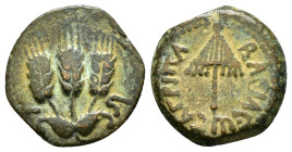 JUDAEA. Agrippa I.(52-59).Jerusalem.Ae.

Obv : BACIΛEWC AΓPIΠA .
Umbrella-like canopy with fringes.

Rev : Three ears of barley growing between two le...
