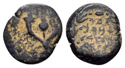 JUDAEA. Hasmoneans. John Hyrkanos II.(67/3-40 BC).Jerusalem.Ae.

Obv : Splayed double cornucopia with pomegranate between the horns.

Rev : Legend in ...
