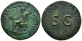 DIVUS AUGUSTUS (Died 14). Sestertius. Rome. 

Obv : DIVVS AVGVSTVS PATER.
Augustus seated left on curule chair, holding patera and sceptre.

Rev : IMP...