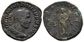 PHILIP I THE ARAB (244-249). Sestertius. Rome.

Obv : IMP M IVL PHILIPPVS AVG.
Laureate, draped and cuirassed bust right.

Rev : P M TR P III COS P P ...