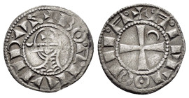 CRUSADERS.Antioch.Bohemund III.(1163-1201).BI Denier.

Obv : +BOAMVNDVS.
Profile bust with star right.

Rev : +ANTIOCHIA.
Small cross with crescent in...
