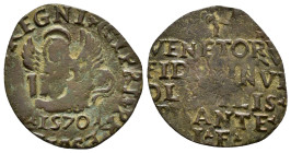 ITALY.Venezia (Venice). Coinage struck during the Siege of Cyprus.1570. 

Obv : Lion of S. Marco reclining left, holding Gospel in paws.

Rev : VENETO...