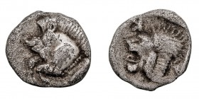 MONEDAS ANTIGUAS. MYSIA. Dióbolo. AR. Cizico. (474-400 a.C.) A/Prótome de jabalí, detrás atún. R/Cabeza de león. 0,83 g. GC.3846. MBC