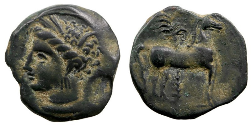 MONEDAS ANTIGUAS. ZEUGITANIA. Cartago. AE-17. (400-350 a.C.) A/Cabeza de Tanit a...