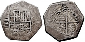 MONARQUÍA ESPAÑOLA. FELIPE III. 4 Reales. AR. Granada M. (1609) Valor IIII a la izq. y G-M a la der. 13,17 g. (CAL.206) Muy rara. BC+