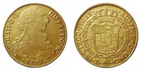 MONARQUÍA ESPAÑOLA. CARLOS III. 8 Escudos. AV. Sevilla CF. 1779. Numeral 9 sobre 7. 26,92 g. CAL.257. Muy escasa. MBC+