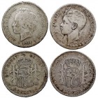 CENTENARIO DE LA PESETA. ALFONSO XIII. 5 Pesetas. AR. Lote de 2 monedas. Falsas de época. 1894 PGM y 1898 SGV. BC-/RC